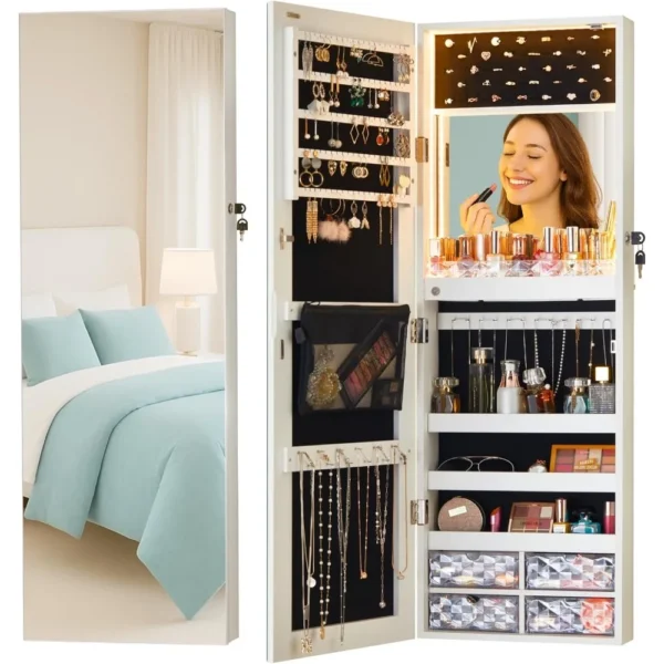LED, Mirror Jewelry Cabinet Mirror with Storage