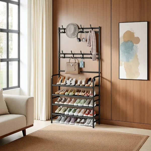 5-Tier Metal Coat Rack with Shoe Shelf