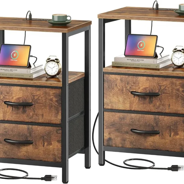 2-Piece Nightstand Set with Charging Station, End Tables, and Side Tables